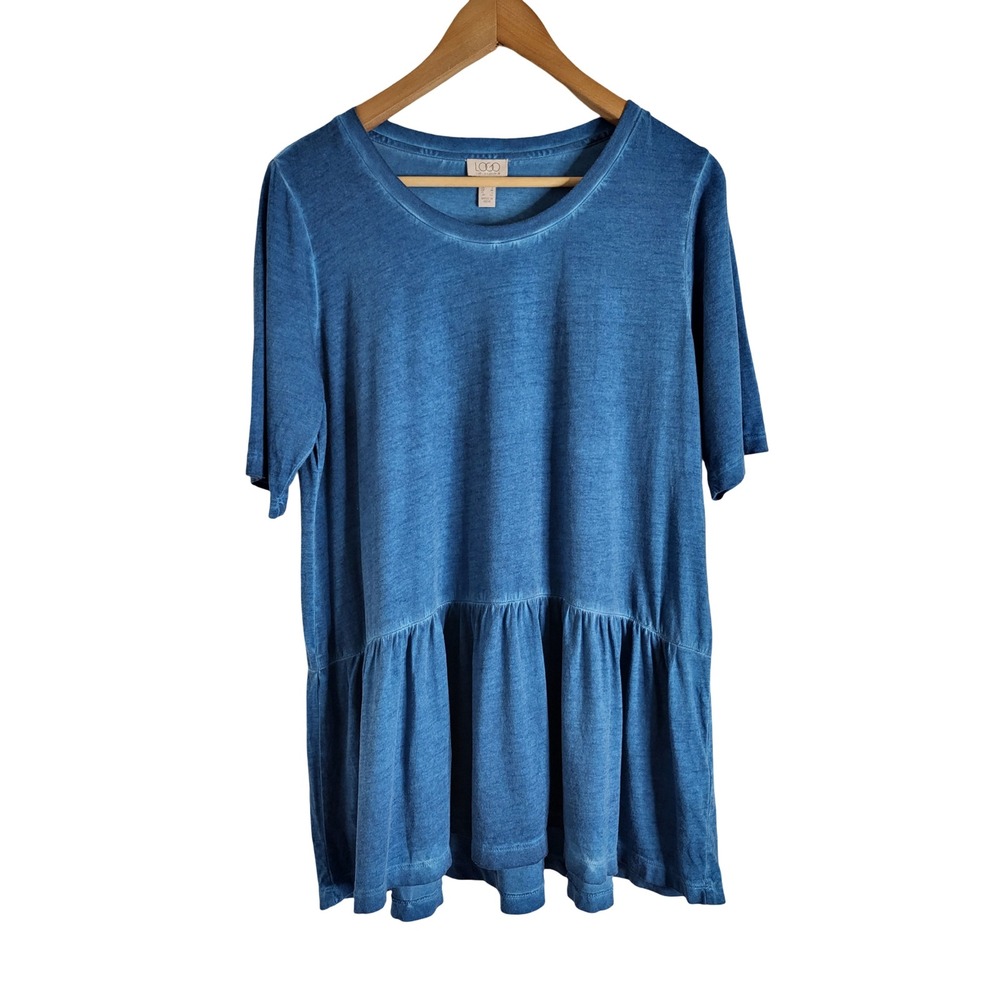 LOGO by Lori Goldstein Blue Short Sleeve Peplum Tunic